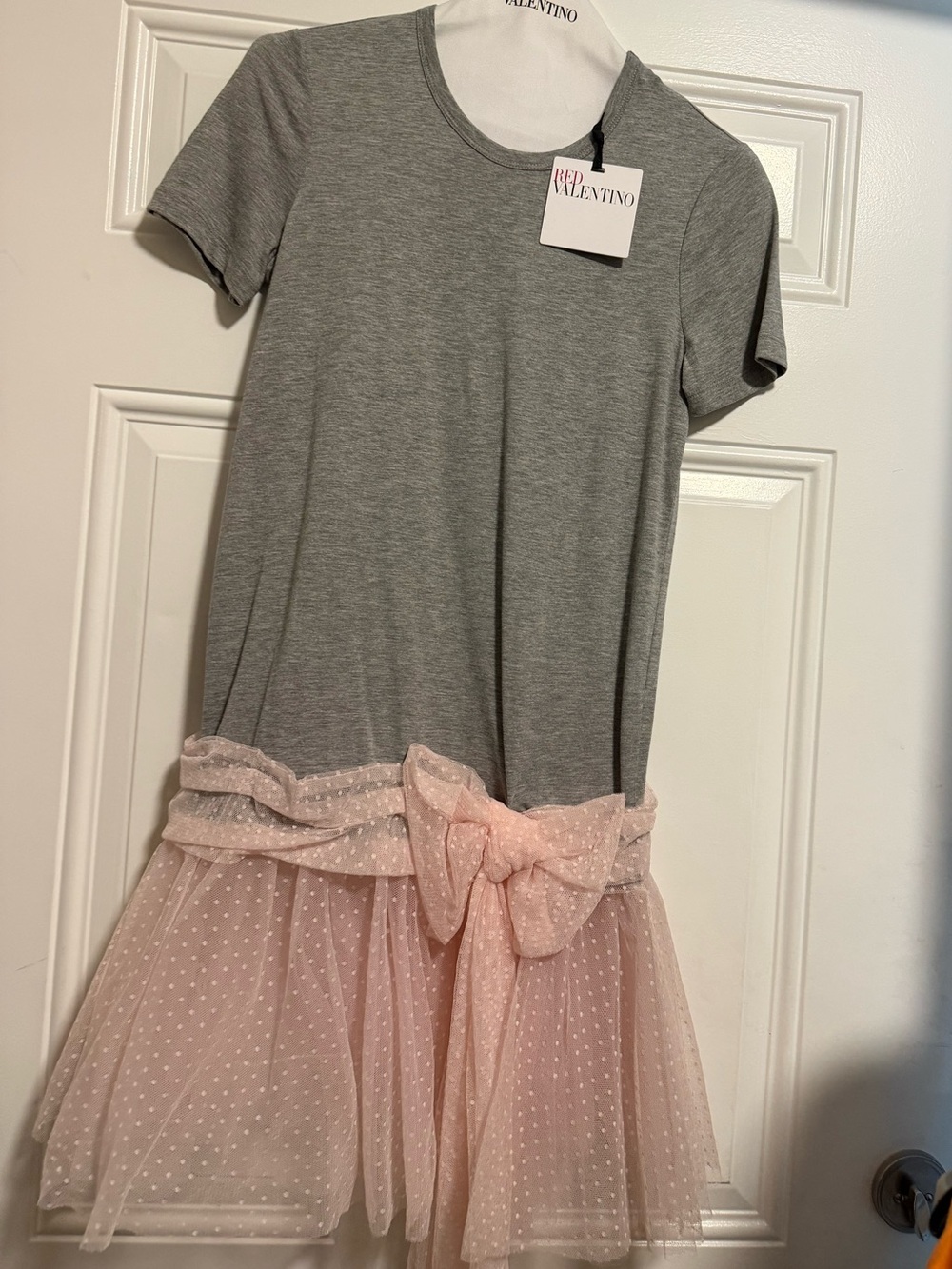 RED Valentino Grey Knit Dress with Pink Dotted Tulle Bow